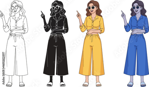 Stylish woman in fashionable outfits, pointing with a confident gesture, presented in multiple color variations.