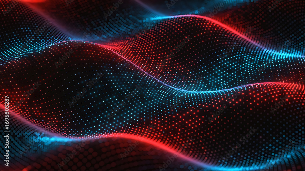 Fototapeta premium Abstract flowing digital wave pattern of glowing red and blue particles on a dark background