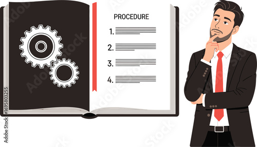 Businessman contemplating a procedural guide with gears illustration, symbolizing problem-solving and planning.