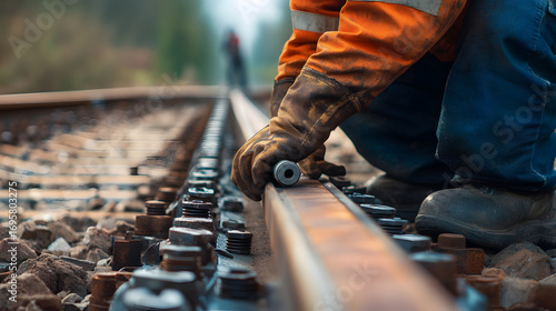 A worker in safety gear tightening bolts on a railroad track with another worker in the background