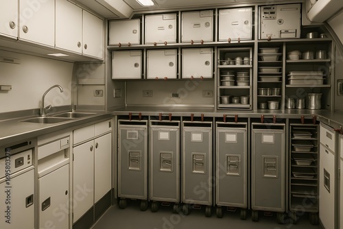 Airplane Galley Interior with Catering Equipment and Storage
