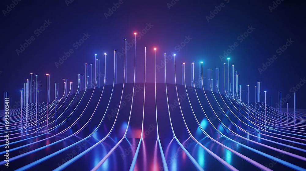Naklejka premium Abstract digital landscape with glowing neon lines and futuristic city skyline in vibrant purple and blue hues