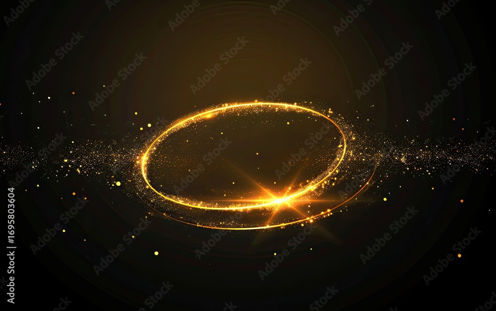 Obraz premium A shimmering golden ring of light surrounded by sparkling particles in a dark background