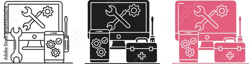 Digital device repair and maintenance setup with tools and computer