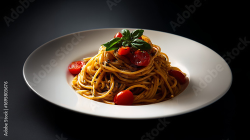 Spaghetti with Tomato Sauce and Basil on a White Plate