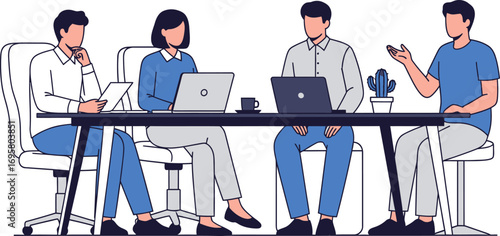 Diverse team collaborating on ideas around a conference table with laptops and documents