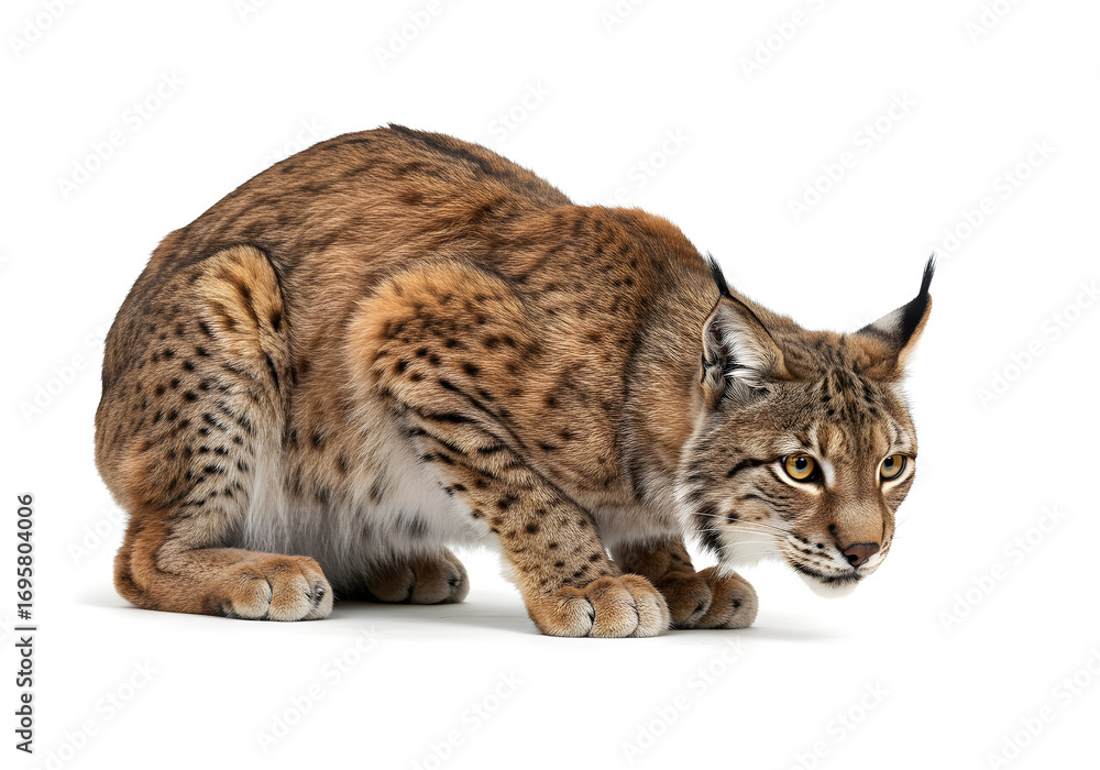 Obraz premium Captivating portrait of a poised wildcat against a clean white backdrop, showcasing the animal's intricate fur patterns and focused gaze in a studio setting.
