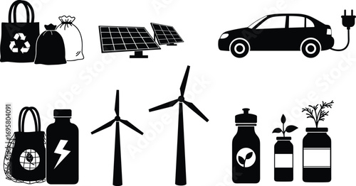 Eco‑friendly icons, renewable energy, solar panels, wind turbines, electric car, recycling, reusable bags, sustainable living, black vector illustration, green lifestyle