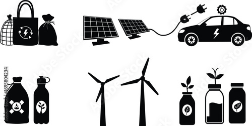 Eco‑friendly icons, renewable energy, solar panels, wind turbines, electric car, recycling, reusable bags, sustainable living, black vector illustration, green lifestyle