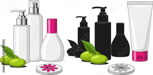 Collection of elegant cosmetic bottles and tubes with natural elements, suggesting skincare and beauty.