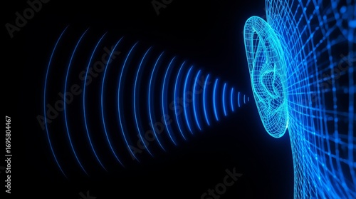 Emanating from the ear and extending towards the left are concentric blue sound waves or pulsating signals, visually representing the concept of hearing, sound perception, or audio technology.