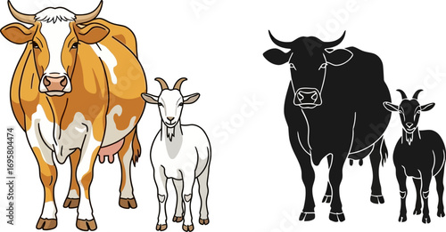 Farm animals, a cow and goat, depicted in both color and silhouette.