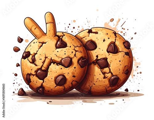 Two chocolate chip cookies with a peace sign hand