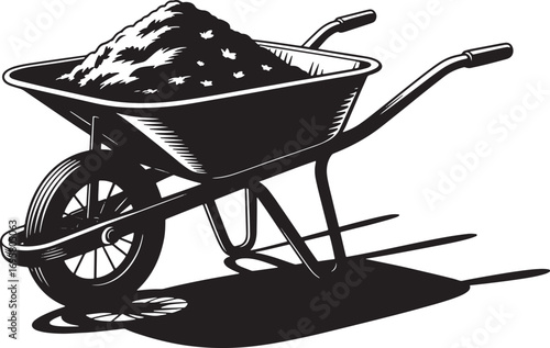Silhouette of a Wheelbarrow Full of Soil, Dirt, and Leaves in the Garden on a Sunny Day