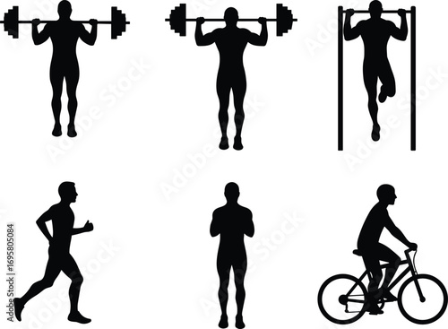 Fitness exercise silhouettes, barbell lift, pull‑up, running, boxing, cycling, strength training, cardio workout, black vector illustration, sports activity icons