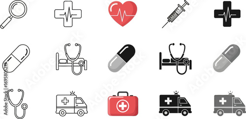 Collection of medical icons representing healthcare, emergency services, and patient care