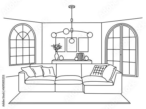 Contemporary interior design of the living room,Luxury living room with a glass window and luxury sofa,Sketchy illustration of living room interior.Vector hand drawing