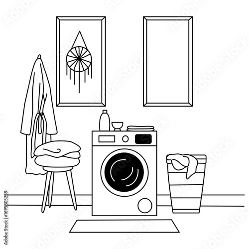 Hand drawn line of Modern washing machine with basket and shelving units, Interior of home laundry room, Vector Illustration outline modern laundry room with washing machines