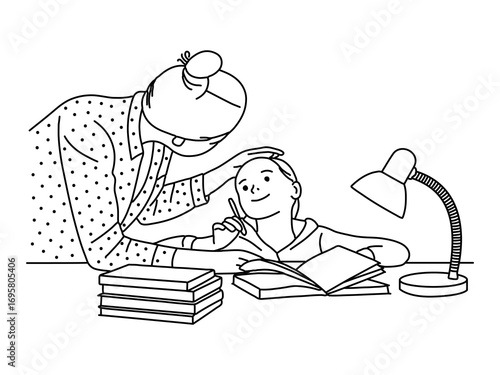 Hand drawn line of mother teaching daughter and helping her with homework at home. education, The family spends time together, family and homework concept, Vector Illustration outline
