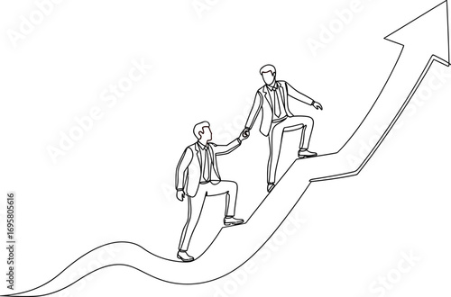 Two businessmen helping each other climb an upward trending graph, symbolizing teamwork and success.