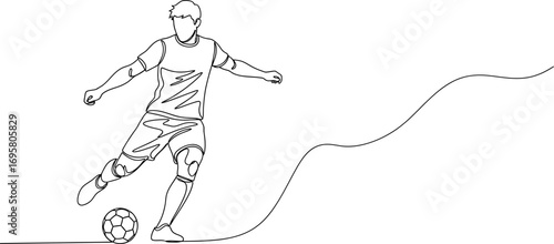 Dynamic single line drawing of a soccer player kicking a ball with focused intensity