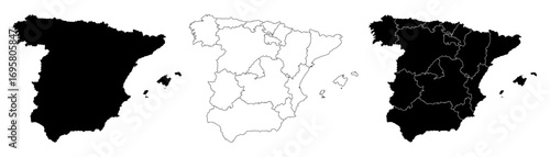 Spain map line icon vector. Spain country vector map in white background. Spain political map. Low detailed. Solid simple style. Black and white. Vector illustration editable