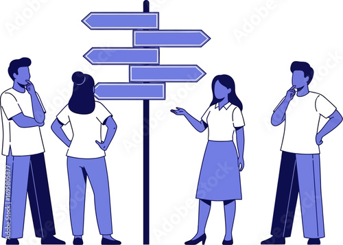 Diverse group of people contemplating choices at a directional signpost, symbolizing decision-making and paths forward.