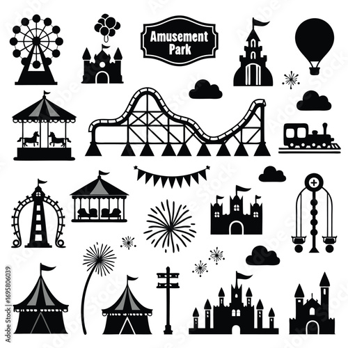 Amusement park attractions silhouettes with clouds and firework