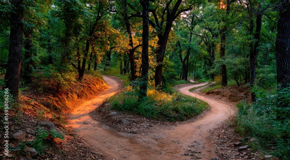 Obraz premium Winding dirt path through a sunlit forest