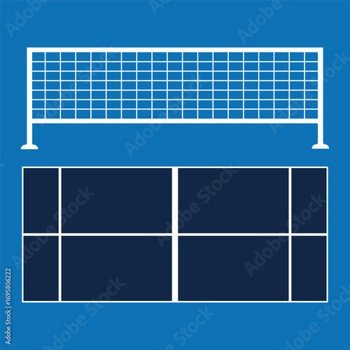 Vector illustration of a blue tennis court, padel court. The tennis net is white. Workouts, fitness, padel, tennis.
