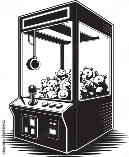Silhouette of a Claw Machine Arcade Game with Stuffed Animals Inside on a Dark Background