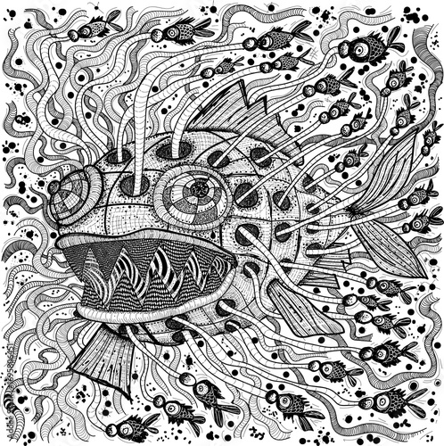 abstract image of a large inanimate drone fish being controlled by small live fish via wires