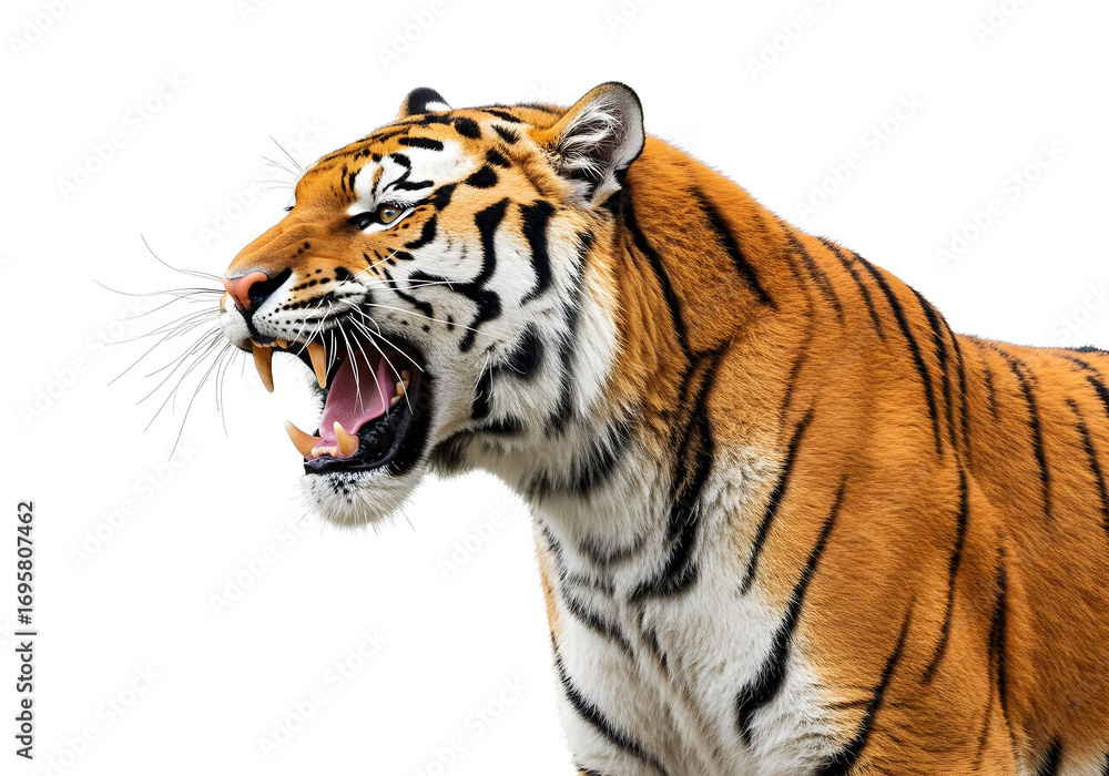 Obraz premium Magnificent orange tiger roars dramatically against a pristine white backdrop, showcasing its powerful build and predatory nature in stunning detail.