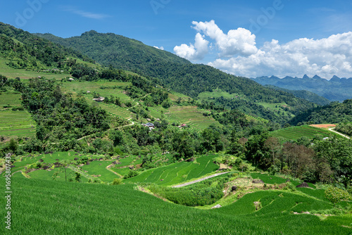 Rice terraced fields on Ha Giang Loop  and  blue cloudy sky  in the mountains near Ha Giang in northern Vietnam