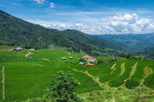 Rice terraced fields on Ha Giang Loop  and  blue cloudy sky  in the mountains near Ha Giang in northern Vietnam