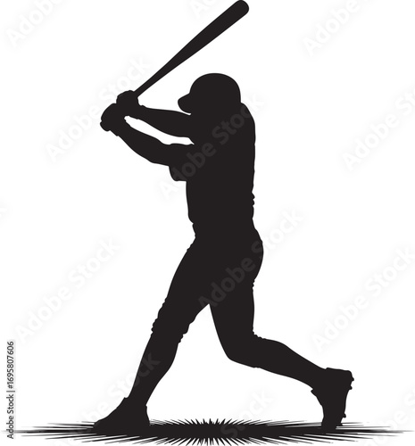 Dynamic Baseball Player Silhouette Swinging Bat with Power on Transparent Background Action