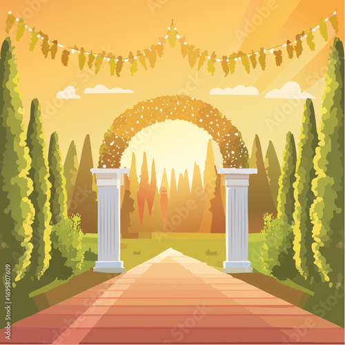 Sunlight filters through tall hedges and hanging garlands, highlighting an intricately decor wedding arch