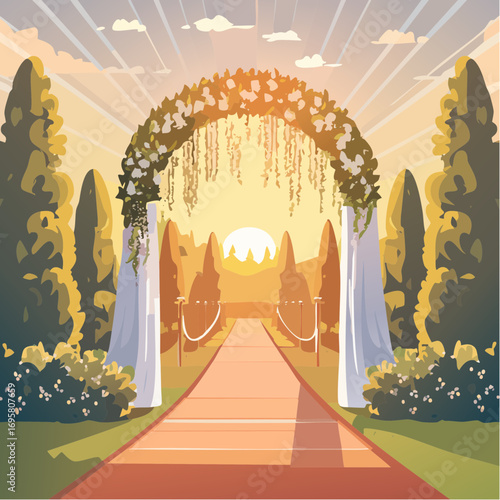 Sunlight filters through tall hedges and hanging garlands, highlighting an intricately decor wedding arch