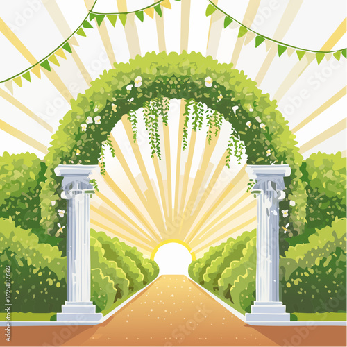 Sunlight filters through tall hedges and hanging garlands, highlighting an intricately decor wedding arch