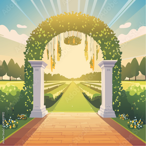 Sunlight filters through tall hedges and hanging garlands, highlighting an intricately decor wedding arch