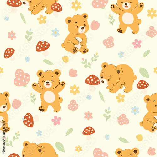seamless pattern with teddy bears. A cute seamless pattern of light brown bears, mushrooms and flowers on a white background.