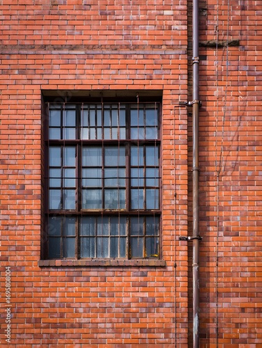 A weathered brick wall with barred window and drainpipe on a sunny day outside building