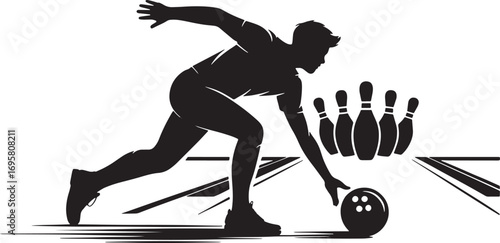 Bowling Player Silhouette with Ball and Pins for Sports and Recreation Designs