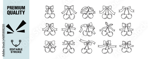 Set of cherry icons collection of different hand drawn cherry icons with bows vector illustration in doodle style sweet berry with ribbon for decoration and design