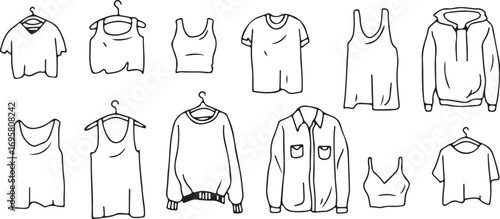 Clothes Outline Vector – Hand Drawn Fashion, Apparel, T-Shirt, Dress, Outfit Doodles, Black and White Clipart, Minimal Line Art Illustration