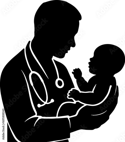 Silhouette of Doctor Holding Baby - Health Care Concept vector with white background 