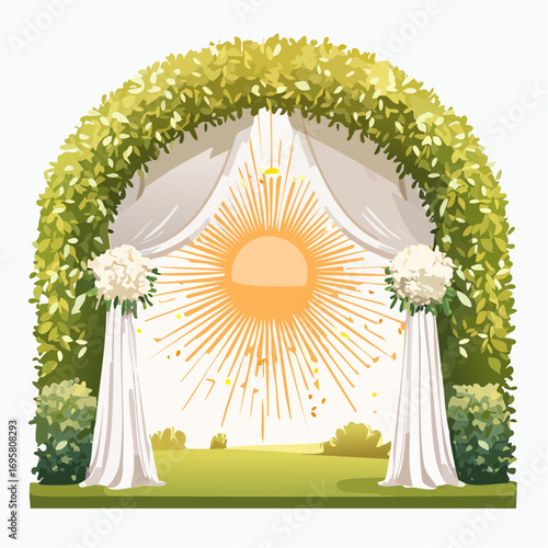 Sunlight filters through tall hedges and hanging garlands, highlighting an intricately decor wedding arch
