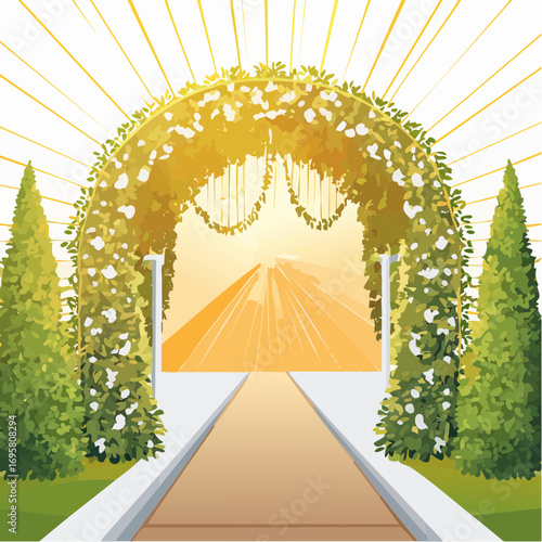 Sunlight filters through tall hedges and hanging garlands, highlighting an intricately decor wedding arch