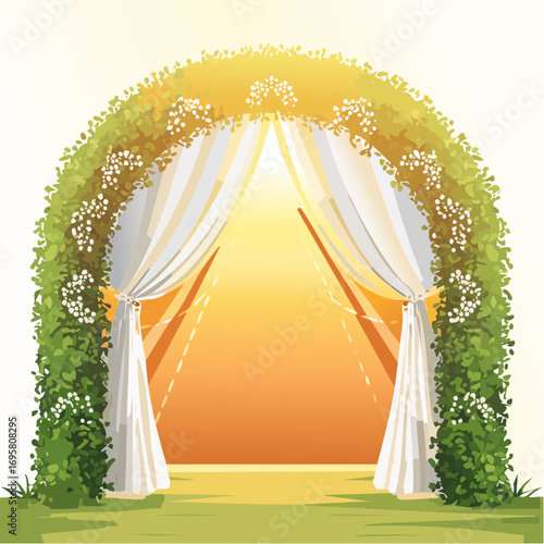 Sunlight filters through tall hedges and hanging garlands, highlighting an intricately decor wedding arch
