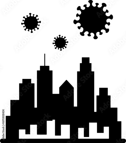 Silhouette of Empty City with Virus Above - Lockdown Concept Vector With White Background 